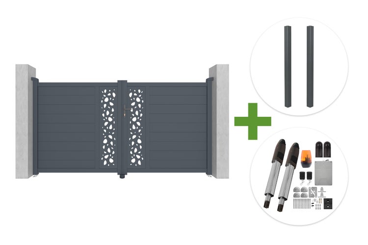 Zweiflügeliges Einfahrtstor aus Aluminium mit Dekorpaneelen, inklusive zwei Pfosten und elektrischem Torantrieb-Set.