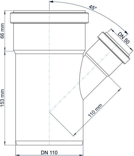 Technische Zeichnung eines Abzweigrohrs DN 110 auf DN 50 mit einem Winkel von 45 Grad und Maßangaben in Millimeter.