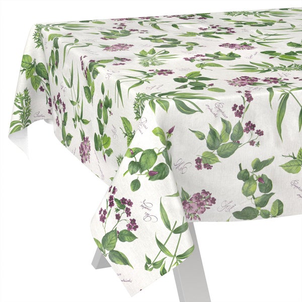Tischdecke mit botanischem Muster aus grünen Blättern und violetten Blüten.