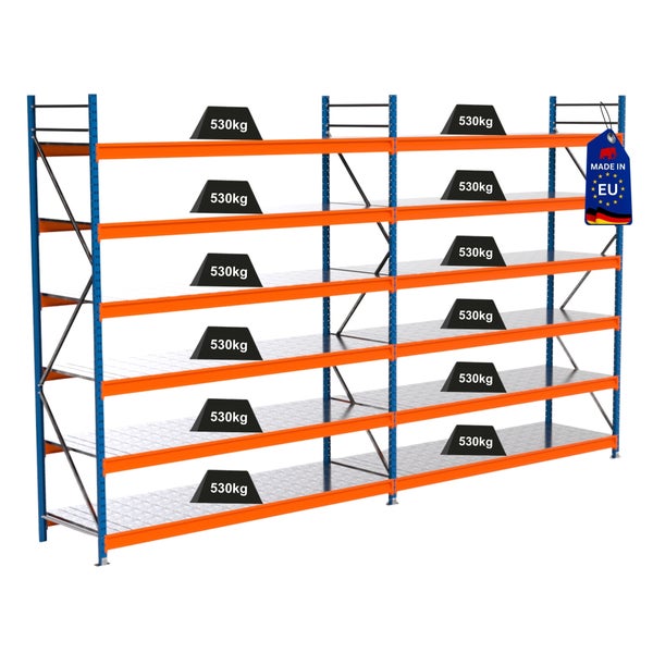 Belastetes Schwerlastregal mit dem Aufdruck Made in EU.