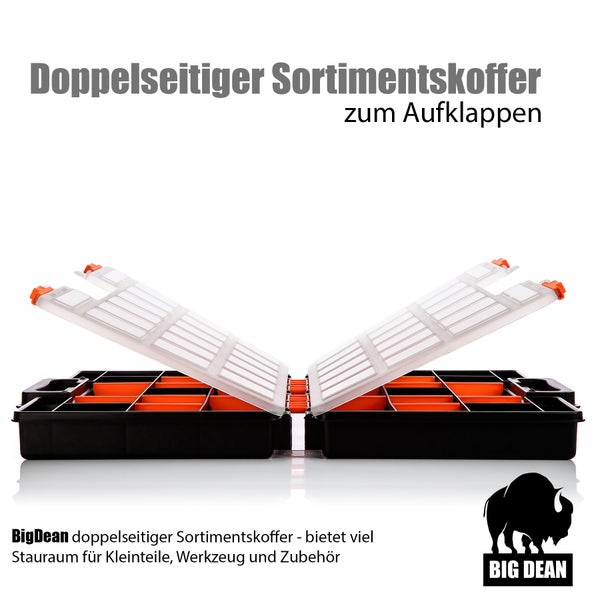 Doppelseitiger Sortimentskoffer zum Aufklappen für Kleinteile, Werkzeug und Zubehör.