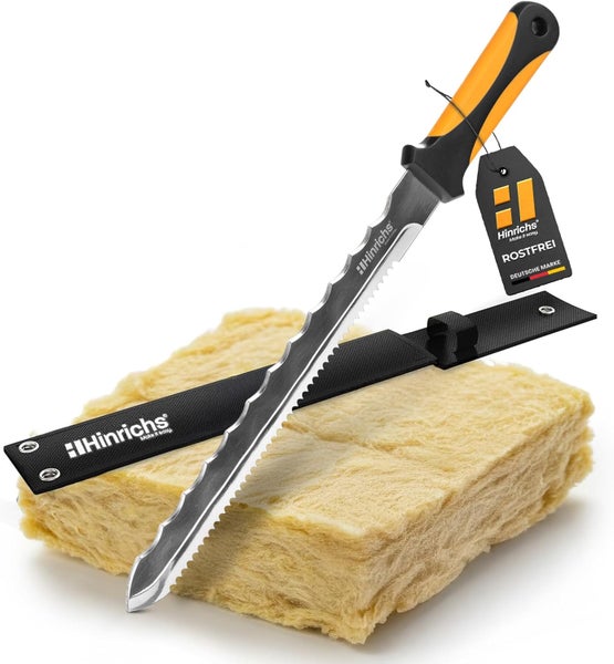 Hinrichs Dämmstoffmesser aus rostfreiem Stahl mit Wellen- und Sägeschliff, Schutzhülle und Mineralwolle.