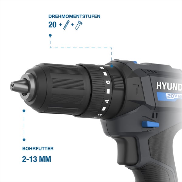 Explosionszeichnung eines Hyundai 20 Volt 4 Amperestunden Lithium-Ionen-Akkus mit Akkuzellen, Steuerung und Kühlsystem.