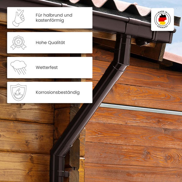 Braunes Regenrohr für halbrunde und kastenförmige Rinnen, wetterfest, korrosionsbeständig, hohe Qualität, hergestellt in Deutschland.