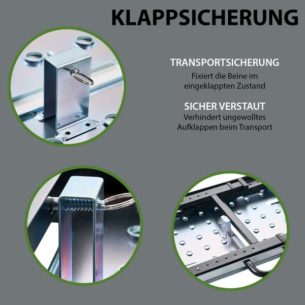Klappsicherung für Arbeitstisch zur Transportsicherung der eingeklappten Beine mit Federbolzen und Sicherungsring.