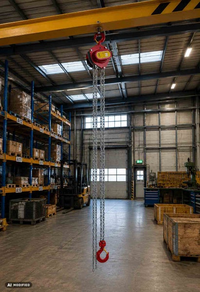 Industrie Kettenzug montiert an einem Hallenkran in einer Lagerhalle mit Regalen, Gabelstapler und Arbeitsbereich im Hintergrund.