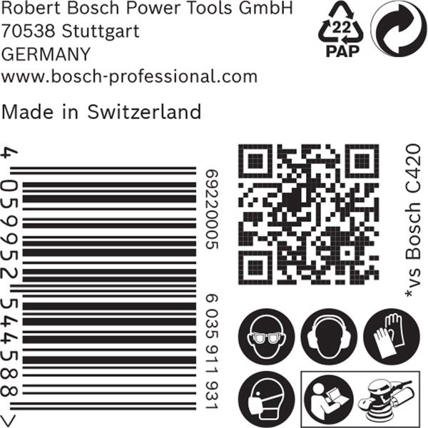 Robert Bosch Power Tools GmbH Logo, Barcode, QR Code, Papier-Recycling-Symbol und Symbole für Augenschutz, Gehörschutz, Handschutz und Atemschutz