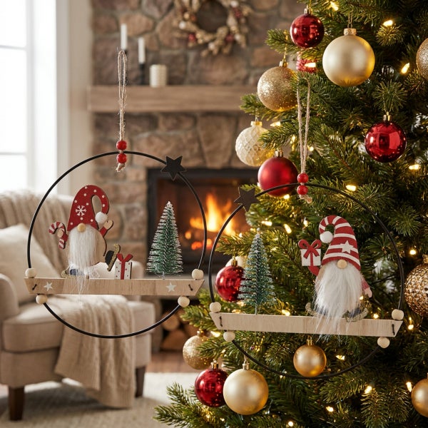 Zwei runde hängende Weihnachtsdekorationen aus Metall und Holz mit Zwerg und Tannenbaum vor einem geschmückten Weihnachtsbaum und Kamin