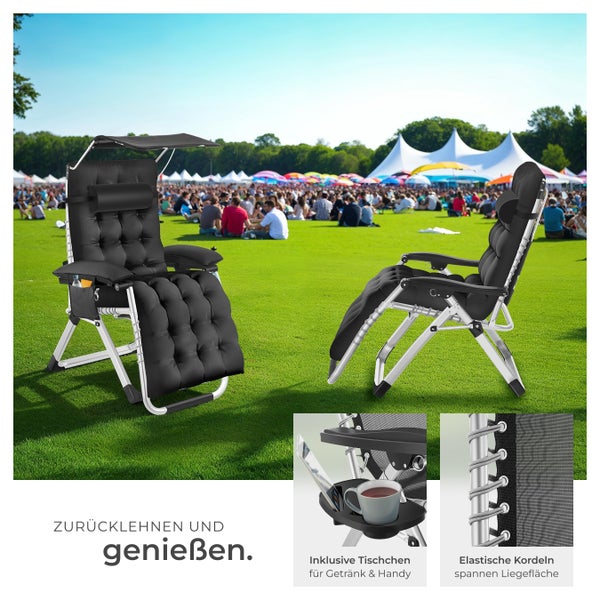 Sonnenliege tectake Cloud II mit Ablagetisch und Stautasche klappbar, flexible Rückenlehne und Fußablage schwarz