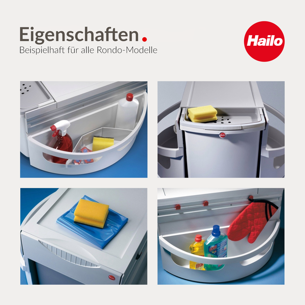 Hailo Logo und Detailansichten des Abfallsystems Rondo mit praktischen Ablagefächern für Reinigungsmittel, Schwämme und Zubehör.
