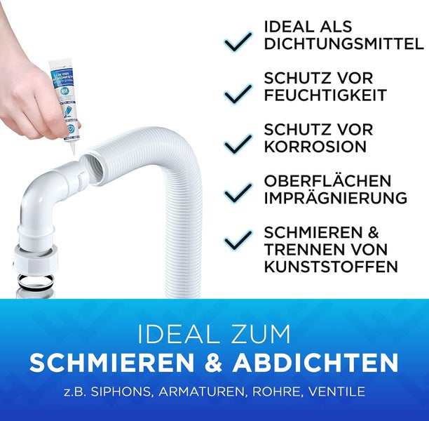 Anwendung von Silikonfett aus einer Tube auf ein Kunststoffrohr zum Schmieren, Abdichten und Schutz vor Feuchtigkeit und Korrosion.