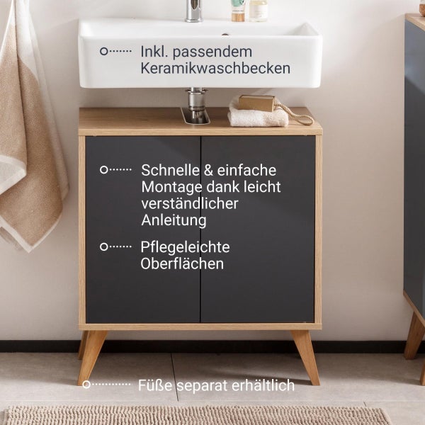 FACKELMANN FINN Badmöbel Set 2 Teile / Waschbecken / Waschbeckenunterschrank mit 2 Türen / Badschrank mit Push-to-Open / Korpus & Front: Schwarz / Rahmendekor & Füße: Braun hell / Breite: 60 cm