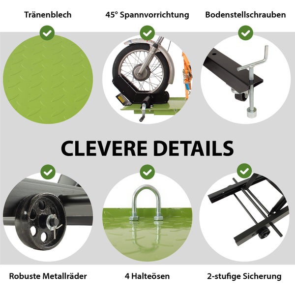 Details einer Motorradhebebühne: Riffelblech, 45 Grad Spannvorrichtung, Bodenstellschrauben, robuste Metallräder, vier Halteösen, zweistufige Sicherung
