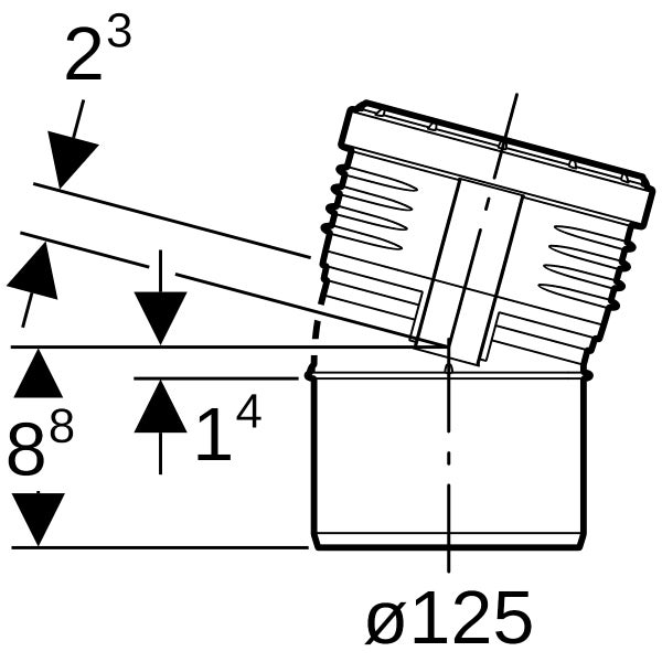 Maßzeichnung HT-Bogen DN 125 15 Grad mit Bemaßung.