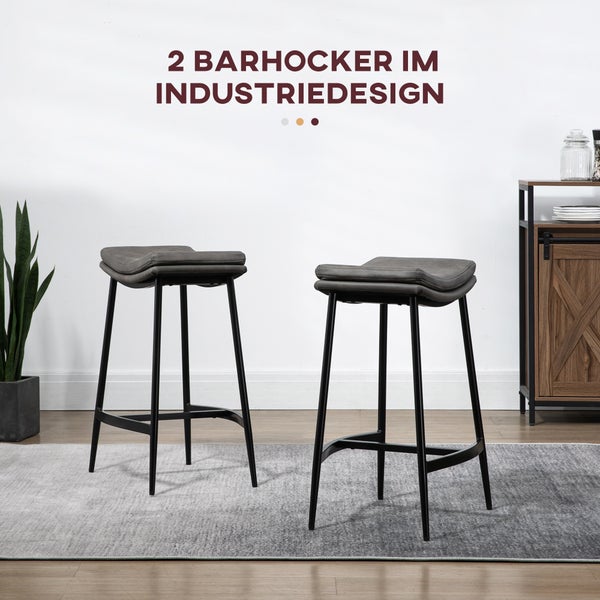 HOMCOM Barhocker 2er Set, Gepolstert Barstuhl mit Fußstütze, Küchenstühle mit Stahlgestell Tresenhocker mit Kunstleder-Optik für Küche, Wohnzimmer, Esszimmer Grau
