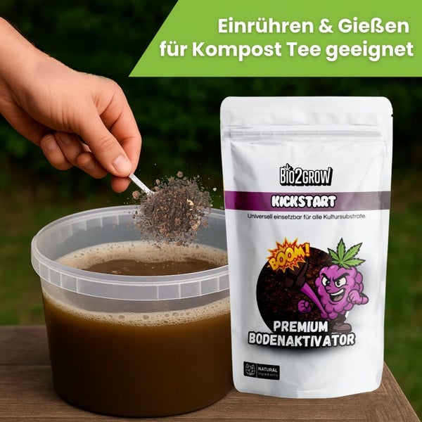 Bio2Grow Kickstart Bodenaktivator Anwendung mit Kompost Tee