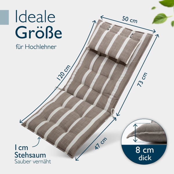 Auflage für Hochlehner mit den Maßen 50 x 120 x 73 x 47 Zentimeter und einer Dicke von 8 Zentimetern