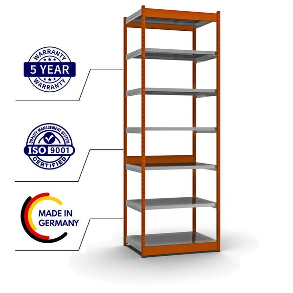 PROREGAL Fachbodenregal Stecksystem Vierkant-Profil Grundregal HxBxT 300 x 102,5 x 60 cm 7 Ebenen Einseitige Bauart Fachlast 200 kg Orange