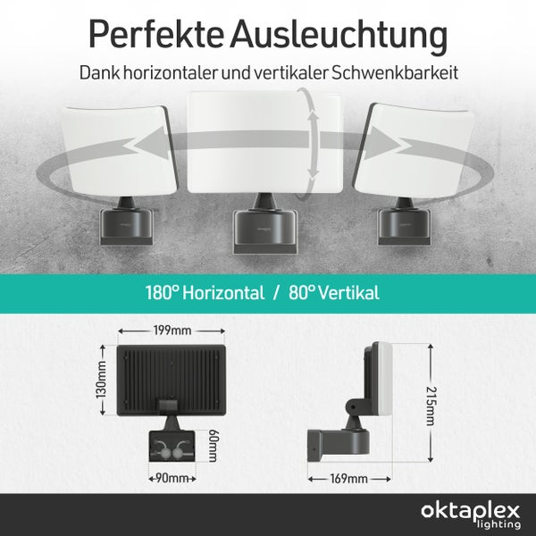 LED-Fluter mit 180 Grad horizontalem und 80 Grad vertikalem Schwenkbereich. Maße in Millimetern für Breite, Höhe und Tiefe. oktaplex lighting Logo.