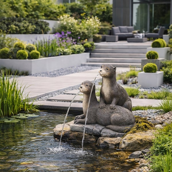 Gartenbrunnen mit zwei Ottern auf Steinen am Teichrand, aus deren Mäulern Wasser in den Teich sprüht. Moderner, organisierter Garten.