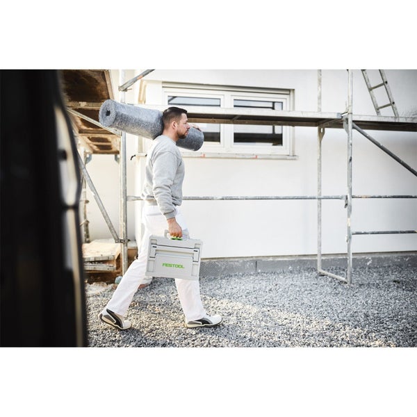 Festool Systainer Werkzeugkoffer aus Kunststoff mit grünen Verschlüssen, leicht geöffnet.