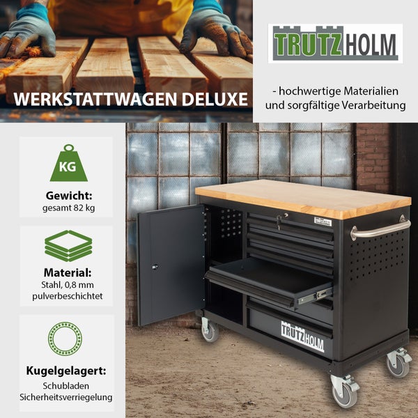 Werkstattwagen DELUXE 6 Schubladen + Tür unbestückt mit massiver Arbeitsplatte Anthrazit/grau