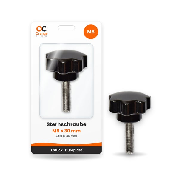 Sternschraube M8 mal 30 Millimeter mit 40 Millimeter Griff aus Duroplast in der Verpackung