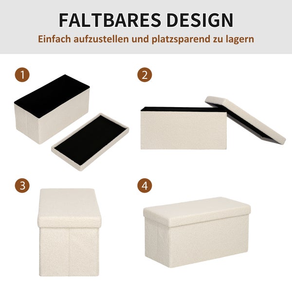 HOMCOM Sitzbank mit Stauraum faltbar Polsterbank mit Samtoptik, Sitztruhe, Truhenbank für Wohnzimmer Schlafzimmer Flur 76 x 38 x 38 cm, Cremeweiß