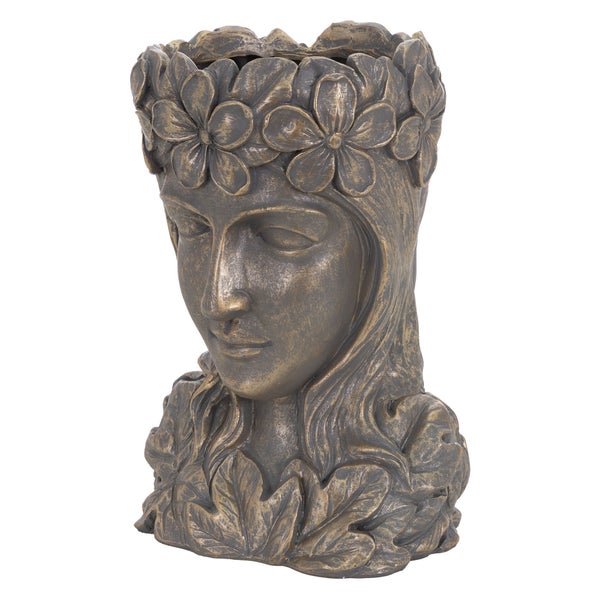 ML-Design Pflanztopf Frauenkopf Figur 21x16x32 cm Bronze Kunstharz, Innen/Außen, Groß Büste Skulptur, Weiblich Mädchen Statue Dame Gesicht Pflanzgefäß Blumentopf Übertopf Pflanzer Gartendeko Vase Urne