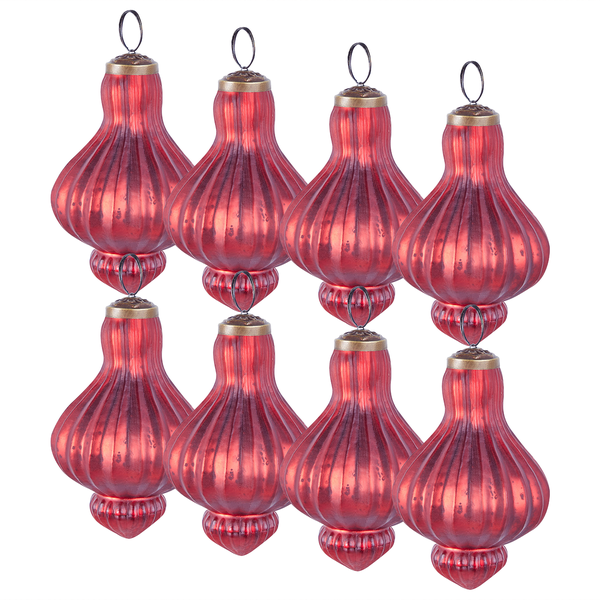 Acht rote Glas Christbaumkugeln in Zwiebelform
