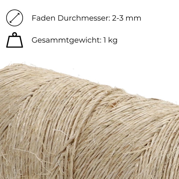 Sisalschnur 1kg 1000g 2 - 3 mm Sisalgarn 500 m Sisalseil Sisal Schnur Bindfaden Juteschnur Paketschnur Gartenschnur Garten Garn Kordel Zwirn