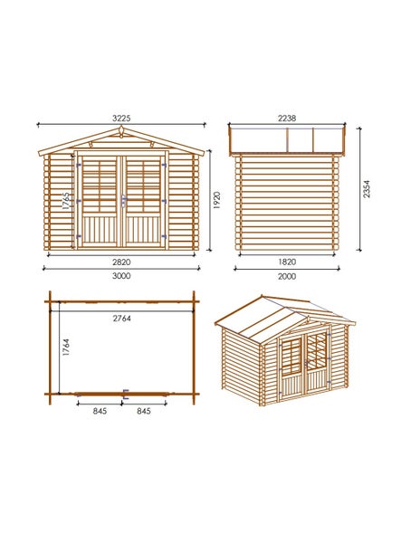 Technische Zeichnung eines Gartenhauses aus Holz mit Maßen in Millimeter, Frontansicht, Seitenansicht, Grundriss und Perspektive.