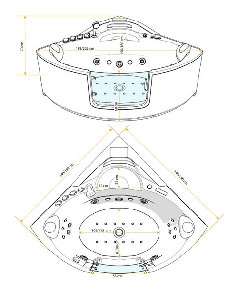 Maßzeichnung einer Eckwhirlpool Badewanne mit Düsen und Armaturen. Gezeigt werden Frontansicht und Draufsicht mit Maßen in Zentimeter.