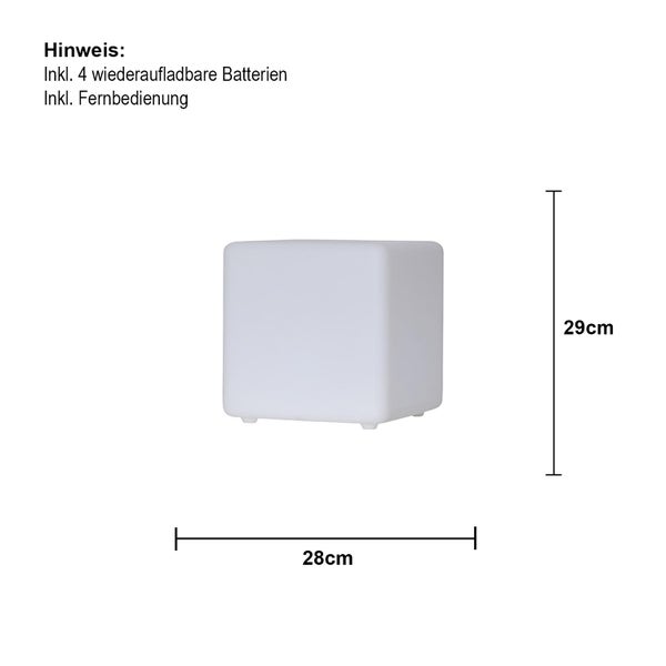 Dekoleuchte in Würfelform mit den Maßen 29 cm Höhe und 28 cm Breite