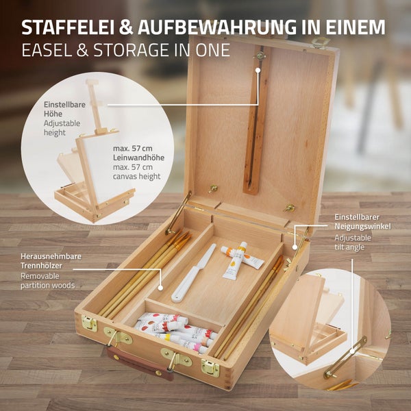 ECD Germany 34tlg. Acryl Malset mit Staffelei, Acrylfarben Set mit Kofferstaffelei, 24 Acrylfarbe, Keilrahmen, Leinwand, Pinsel und Malzubehör, Tischstaffelei, Holz Malkoffer, für Künstler & Anfänger