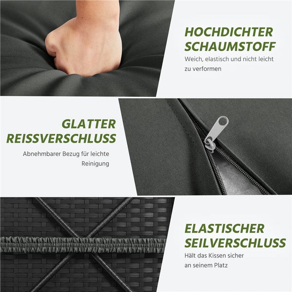 Detailansicht eines Gartenmöbelkissens mit hochdichtem Schaumstoff, Reißverschluss und elastischem Seilverschluss.