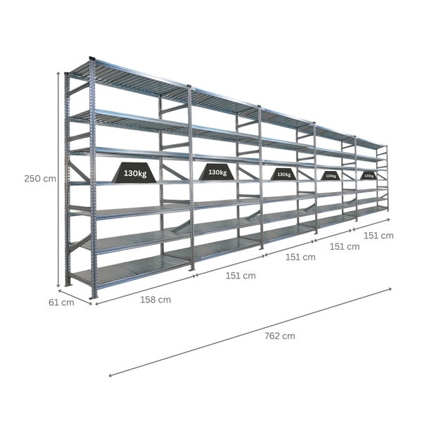 Metallregal mit den Maßen 250 cm Höhe, 762 cm Breite und 61 cm Tiefe, Traglast 130 kg pro Ebene