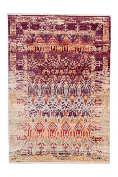 Rechteckiger Teppich mit orientalischem Muster im Vintage-Stil in Rot, Orange und Beige.