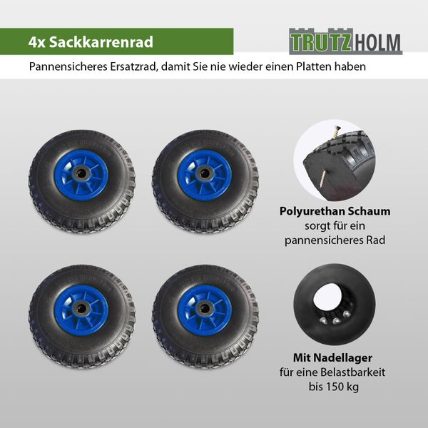Vier pannensichere Sackkarrenräder aus Polyurethanschaum mit Nadellager und einer Belastbarkeit bis 150 Kilogramm von Trutzholm