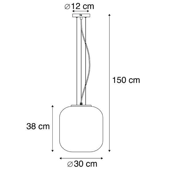 Abbildung der Maße einer Pendelleuchte: 150 cm hoch, Lampenschirm 38 cm hoch und 30 cm Durchmesser, Deckenhalterung 12 cm Durchmesser.