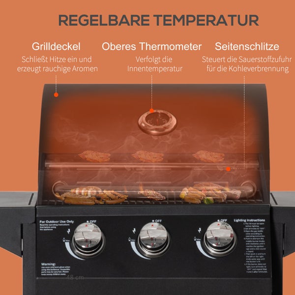 Outsunny Gasgrill, mobiler Grillwagen, BBQ mit 3 Brennern je 3 kw, 121 x 55 x 109 cm, Stahl, Schwarz