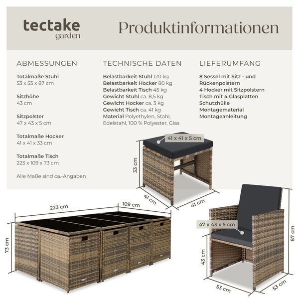 Rattan Sitzgruppe tectake Palma zusammenschiebbar, inklusive Schutzhülle für 8 bis 12 Personen natur/dunkelgrau