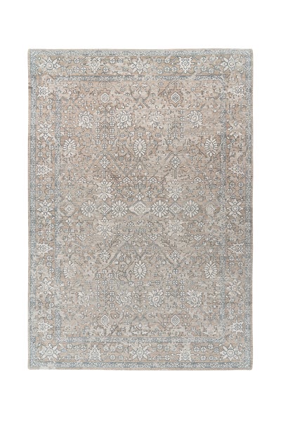 Rechteckiger Teppich in Beige mit blauem orientalischem Blumenmuster und Bordüre im Vintage-Stil.