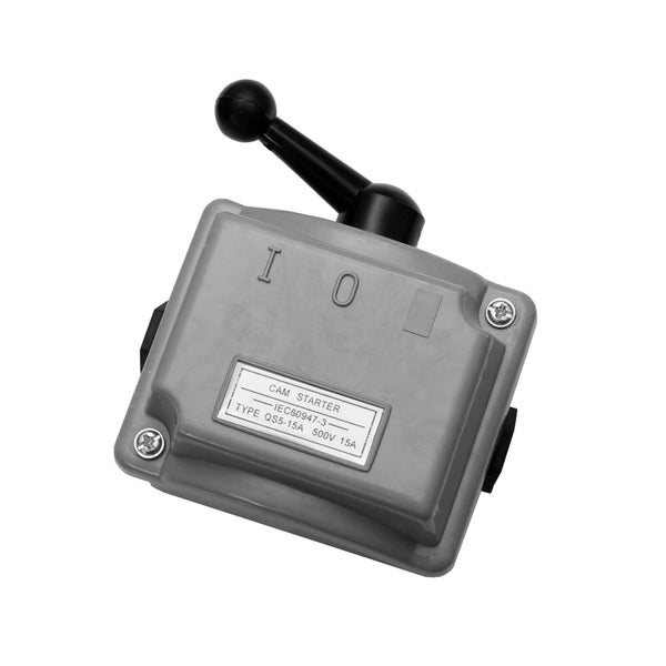 Grauer Nockenschalter mit schwarzem Hebelgriff, Typ QS5-15A, 500 Volt, 15 Ampere, Kennzeichnung für Ein und Aus.