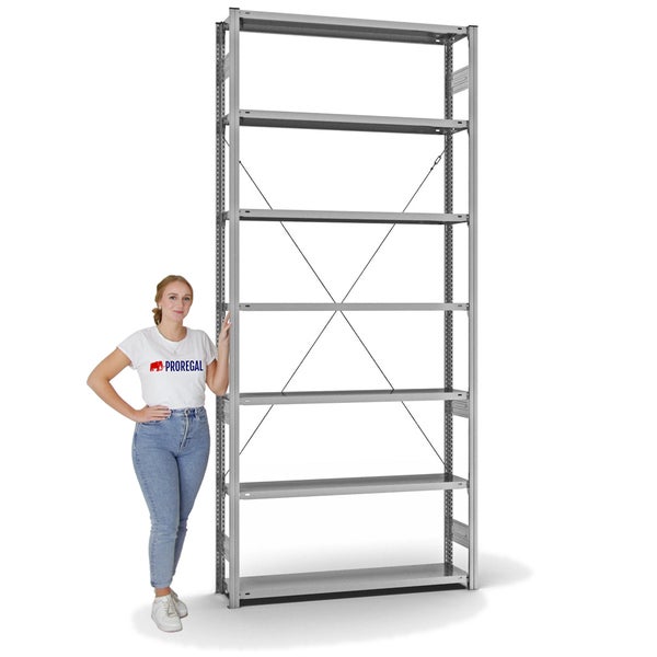 PROREGAL Fachbodenregal Stecksystem T-Profil Medium-Duty Grundregal HxBxT 300 x 130 x 30 cm 7 Ebenen Fachlast 200 kg Einseitig Nutzbar Verzinkt