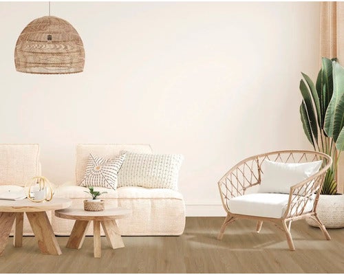 Wohnzimmer mit Rattansessel, Couch, Holztischen, Zimmerpflanze, Rattandeckenleuchte und Holzboden