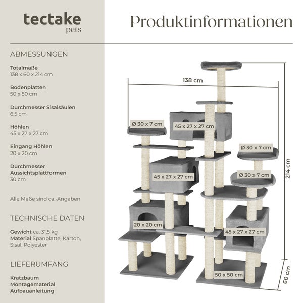 Kratzbaum tectake Entissar inklusive Kippschutz 214 cm grau