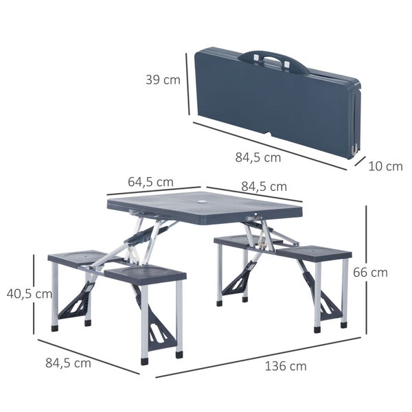 Outsunny Alu Campingtisch, Picknicktisch, mit 4 Sitzen, klappbar, L136 x B84,5 x H66 cm, Alu, Kunststoff, Dunkelgrau