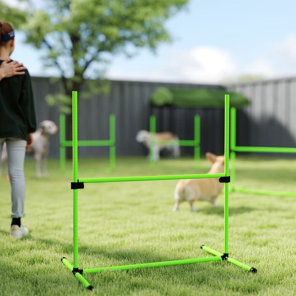 Hell gestalteter Garten mit verstellbaren Agility-Hürden für Hunde auf einem gepflegten Rasen, mit Person und Hund im Hintergrund.