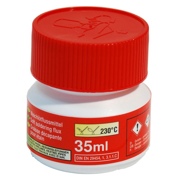Weichlötflussmittel in einer 35-Milliliter-Dose mit rotem Schraubverschluss für Wasser- und Heizungsleitungen bis 230 Grad Celsius.
